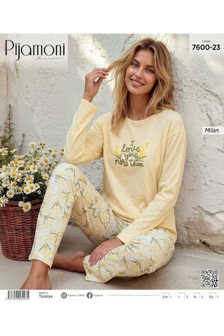 Pijamoni Kadın Milan Bisiklet Yaka Uzun Kol İnce Pijama Takımı 7600/23s - 1 Adet Sarı