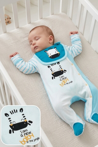 İmaj İmajbebe Zebra Desenli Kendinden Eldivenli 3'lü Bebek Takımı 0-3 Ay - 56 Cm Mavi