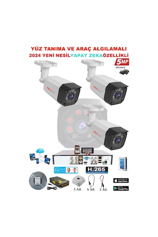 3 Kameralı Yapay Zeka Özellikli Yüz Tanıma ve Araç Algılamalı 5 Mp Kuruluma Hazır Kamera Seti