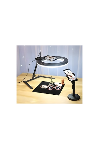 Smaylıng 10 İnç Üst Çekim Ring Light Işıklı Masaüstü Çekim Standı Telefon & Tablet Tutucu 3 Işık Modu Ayarlanabilir Yükseklik