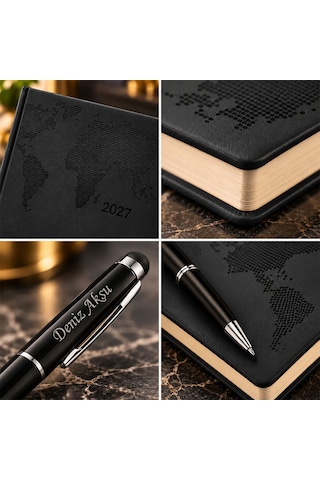 Bk Gift Kişiye Özel 378 Termo Deri Tarihli Ajanda & Siyah Touch Pen Tükenmez Kalem-13