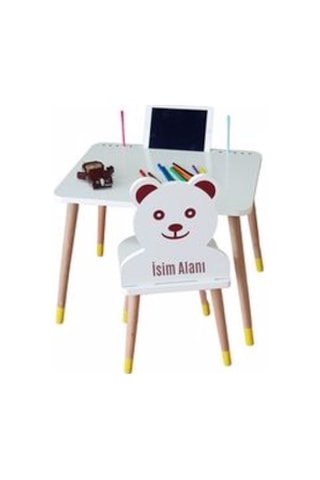 LİVA AHŞAP Çocuk Aktivite Masa Sandalye Takımı Tekli Ayıcıklı Beyaz - Sarı