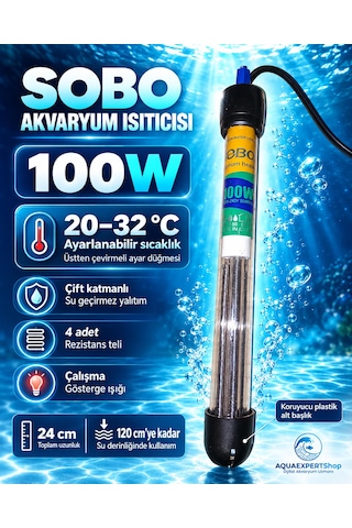 Akvaryum Isıtıcısı - 100w - 20-32c Arası Ayarlanabilir Isıtma - 4 Farklı Rezistans Teli - Çift Katmanlı Su Geçirmez Yalıtım - Koruyucu Plastik Alt Başlık - 24 Cm