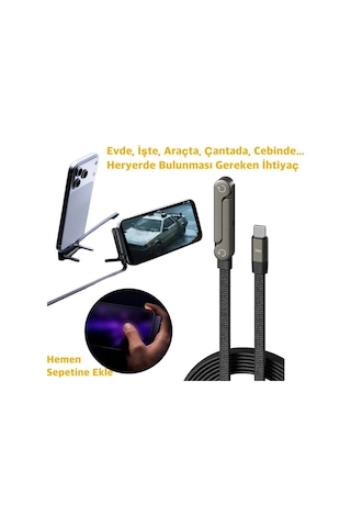 Type-c 240w Extra Dayanıklı Super Hızlı 480 Mps Veri Aktarımı Hem Stand Hem Şarj Kablosu Bir Arada Siyah - 841269187