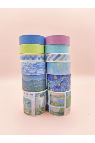Art Vintage Washi Tape Bant Yapışkanlı Maskeleme Kağıdı Desenli Bant 12'li - Mavi Van Gogh Tabloları