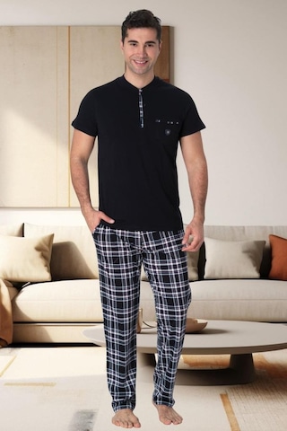 Mecit Pijama Mecit 2901 Lacivert Ekoseli Büyük Beden Erkek 3'lü Pijama Takımı 001
