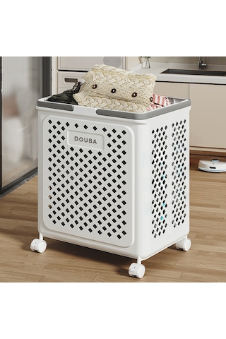 Beyaz Orta Boy Kirli Çamaşır Sepeti, Tekerlekli, Katlanabilir, Büyük Kapasiteli Ve Hareket Ettirilebilir Beyaz