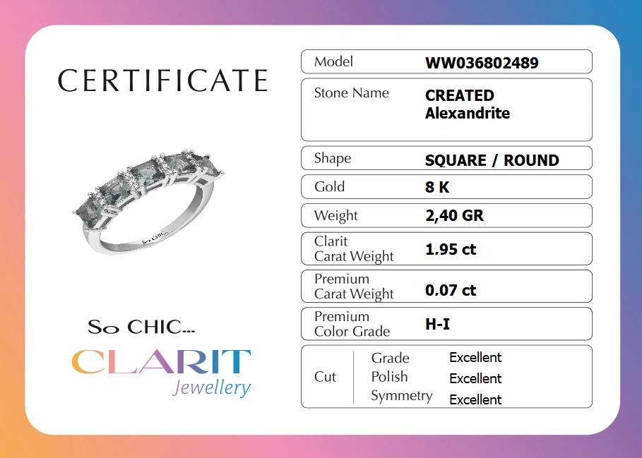 Created Alexandrite Taşlı Clarit Serisi Beyaz Altın Beştaş Yüzük