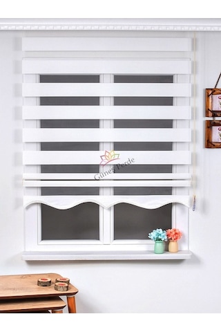 Beyaz Bambu Zebra Stor Güneşlik Perde Etek Dilimli Alüminmyumkasa Beyaz