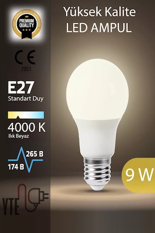 4000 K E 27 Led Ampul Ilık Beyaz 9 W Yüksek Kalite Göz Yormayan Ampul