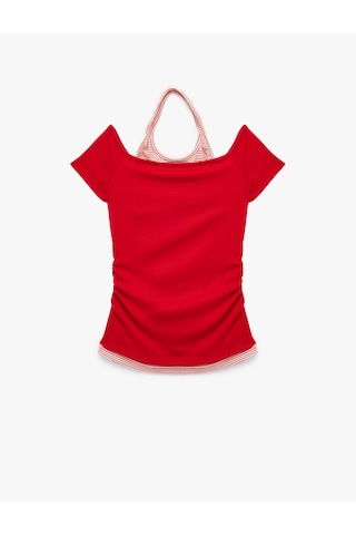 Koton Viskon Slim Fit Omzu Açık Kısa Kollu Halter Yaka Tişört Kırmızı 7wal10338ık
