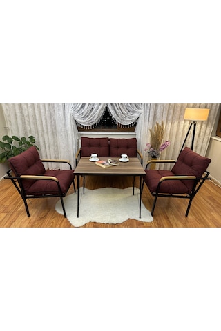 Modern Van Balkon, Bahçe, Cafe - Metal Kanepe Koltuk Takımı - 2+1+1 + Masa Bordo Modernb1 Bordo