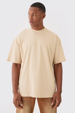 T-shirt - Enlighten Baskılı Oversize Bisiklet Yaka Kısa Kol Siyah Tişört Bej