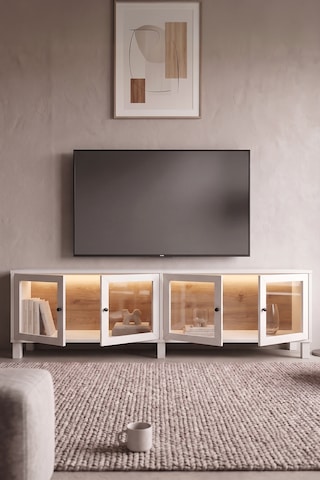 Robin Home Prime Temperli Cam Kapaklı Neon Led Işıklı Tv Ünitesi Tv Sehpası Vitrin Ahşap Ayaklı Sepet-beyaz