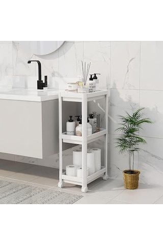 Deconox Peggy 3 Katlı Tekerlekli Raf Ünitesi - 36x71x23 Cm Dar Alan Düzenleyici - Mutfak Ve Banyo İçin Aletsiz Kurulum Servis Arabası Beyaz - Siyah - Gri Beyaz