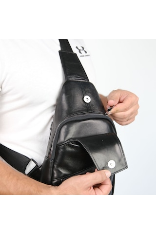 Mft Leather Hakiki Deri Body Bag Çanta - Askılı Fermuarlı / Body Bag 0303 Napa Siyah