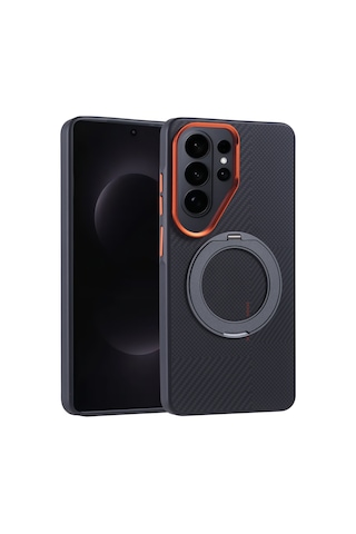 Maks Technology Galaxy Uyumlu S26 Ultra Kılıf M-safe Şarj Özellikli Karbon Fiber Görünümlü Mkst Standlı Troy Kapak - Siyah