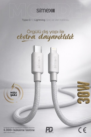 Simex 11 12 13 14 Pro Max Serisi Type-c To Lightning Hızlı Şarj Kablosu, Apple iPhone Uyumlu Şarj Kablosu, Gri, 1 Metre