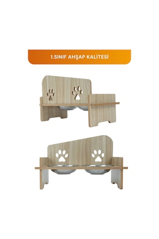 Ahşap Kedi Köpek Mama Su Kabı Standı, Metal Suluk, Kedi Köpek Halısı