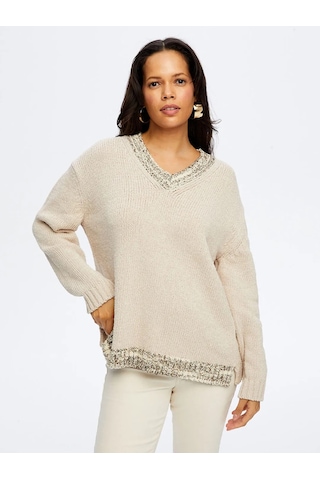 Faik Sönmez V Yaka Pamuklu Kadın Triko Bluz W26trb010 Taş