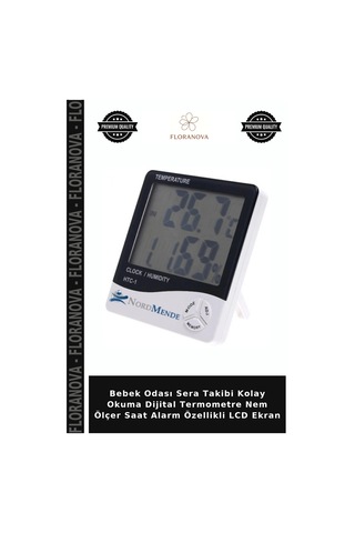 Bebek Odası Sera Takibi Kolay Okuma Dijital Termometre Nem Ölçer Saat Alarm Özellikli Lcd Ekran