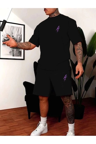 Siyah Şort Tişört Takım Baskılı Oversize Unisex Siyah-277961