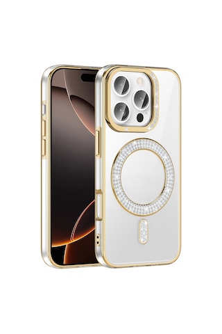 Apple Uyumlu iPhone 16 Pro Kılıf Pırlanta Taş Tasarımlı M-safe Şarj Özellikli Karetta Silikon Kılıf Gold