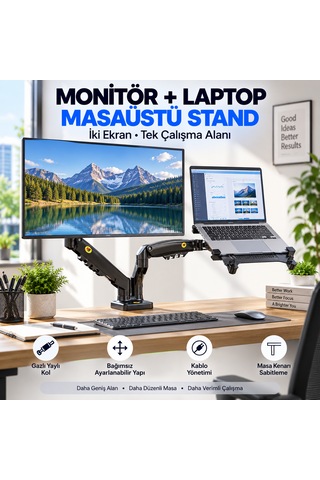 Luve Store Nb F160+fp Gazlı Çift Kollu Monitör Laptop Standı 17-30 İnç Ekran 10-17 İnç Notebook Vesa Uyumlu