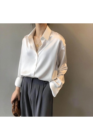 Kadın Günlük Düz Renk Düğmeli Gömlek Retro Uzun Kollu Asılı Üst Beyaz