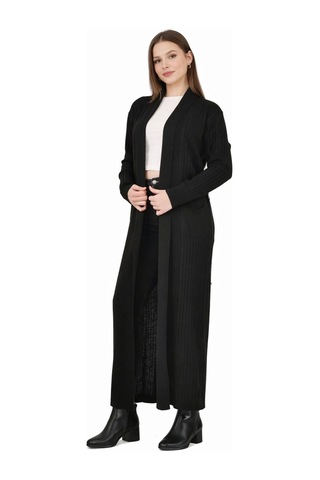 Onno Style Woman Standart Beden Uzun Triko Fitilli Kadın Ceket Siyah