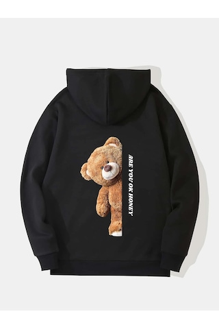 Unisex Are You Ok Honey Baskılı Kapüşonlu İçi Yumuşak Polarlı Oversize Sweatshirt - Siyah Siyah