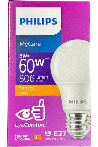 Philips 8w 60w 2700k Sarı Işık E27 Duylu Klasik Led Ampul