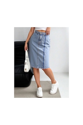 Kene Jeans Yüksek Bel Ön Fermuar Detaylı Kot Etek Taş