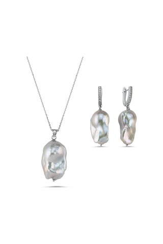 Gri Barok Doğal İnci Kolye Küpe İkili Set - Sarı