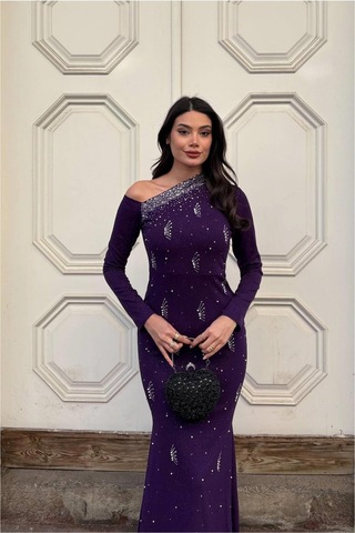 Khi-zai Kadın Trend Model Krep Kumaş Tek Omuz Abiye Elbise Mor