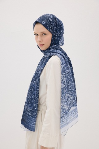 Mirsoy Scarf Eftelya Pamuk Etnik Desen Şal Lacivert