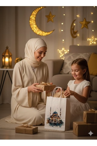 Ramazan Hediyelik Paketleme Çantası, 3 Adet, Cami Tasarımlı Kağıt