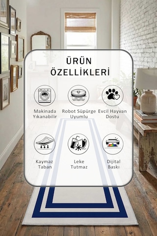 Çerçeve Krem Lacivert Salon Mutfak Yatak Odası Yıkanabilir Yolluk