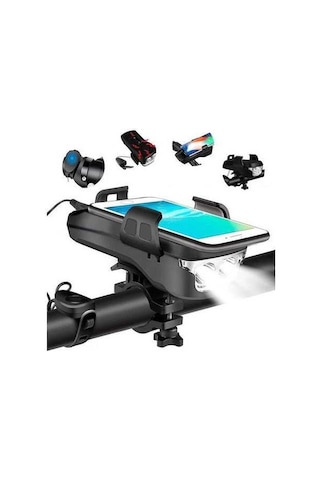 Dancemonkey 4'ü 1 Arada Şarj Edilebilir Bisiklet Farı - Su Geçirmez Telefon Tutucu, Led Işık Ve 130 Desibel Korna İle Güvenli Sürüş, Siyah Siyah