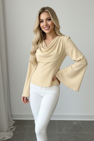 Khi-zai Kadın Degaje Yaka Şehirli Stil Bluz Bej