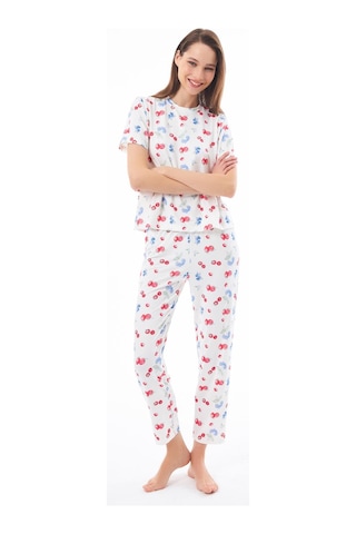 Premium Kadın Pijama Takımı Meyve Desenli Yumuşak Dokulu Kısa Kollu Bisiklet Yaka Krem