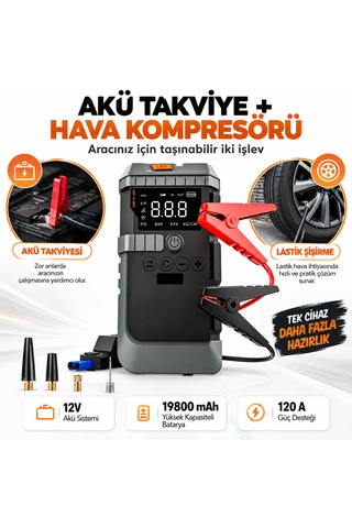 19800 Mah 12v Akü Takviye Cihazı Jump Starter Hava Kompresörlü
