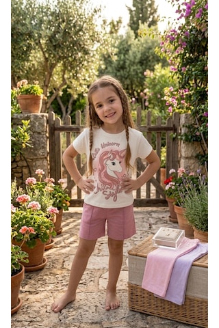 Durukoza Kız Çocuk Baskılı Şortlu Alt Üst Takım Pembe