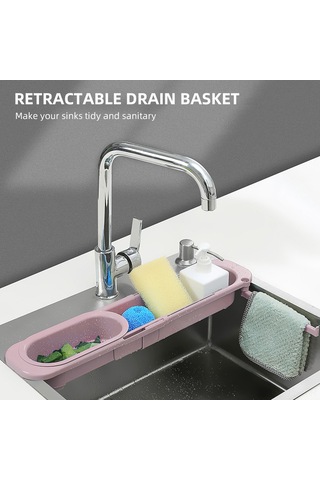 Jeemson Pembe Genişletilebilir Lavabo Süzgeç Sepeti - Bölmeli Su Akışı, Havlu Asma Çubuğu, Mutfak Hijyen Aleti Pembe