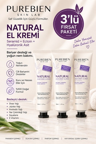 Purebien Skin Lab Natural El Kremi 3'lü Avantaj Paketi 3 X 50 Ml Seramid, Ectoin Ve Hyalüronik Asit İçeren Yoğun Nem Bakımı