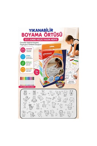 Yıkanabilir Boyama Örtüsü Sevimli Hayvanlar 100x15 Cm 1 Paket 12 Renk Jumbo Keçeli Kalem Penmark