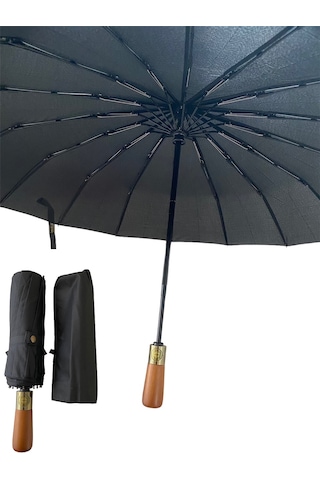 Yüksek Kaliteli Ahşap Saplı Şemsiye Otomatik Rüzgarda Kırılmaz Siyah