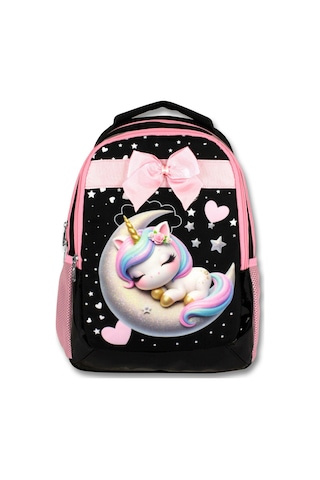 Cennec 5060 Uykucu Unicorn - Siyah Pembe - Kız Çocuk Okul Çantası - Kurdela Detaylı Siyah - Pembe