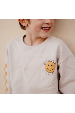 Antebies Bej Sarı Smiley Baskılı Uzun Kollu Manşetli Erkek Çocuk Sweatshirt Krem