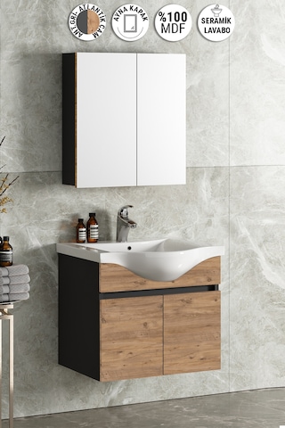 Yıldız 65 Cm Antrasit Gri Mat-Atlantik Çam Mdf Seramik Lavabolu A Antrasit - Atlantik Çam